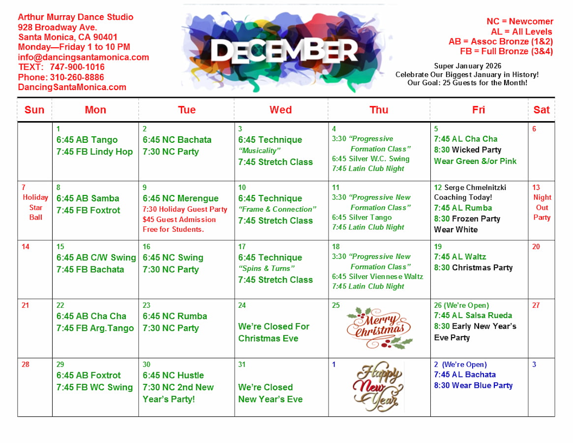 Arthur Murray Santa Monica Group Class Calendar